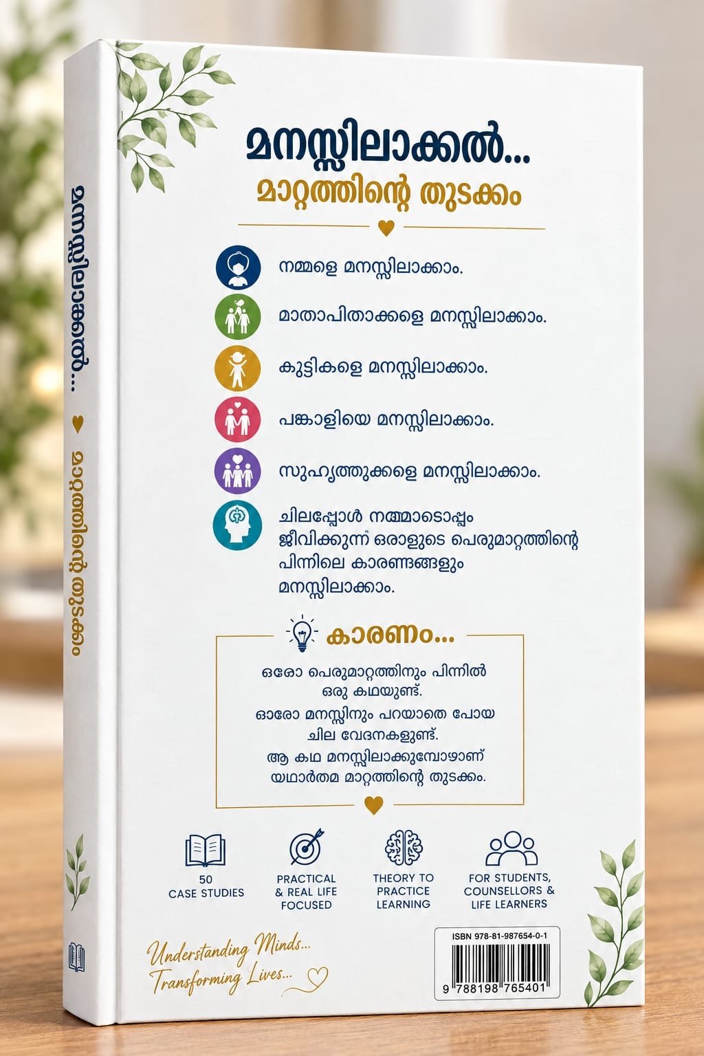 Back cover of മനസ്സിന്റെ 50 കഥകൾ, listing what the book helps you understand